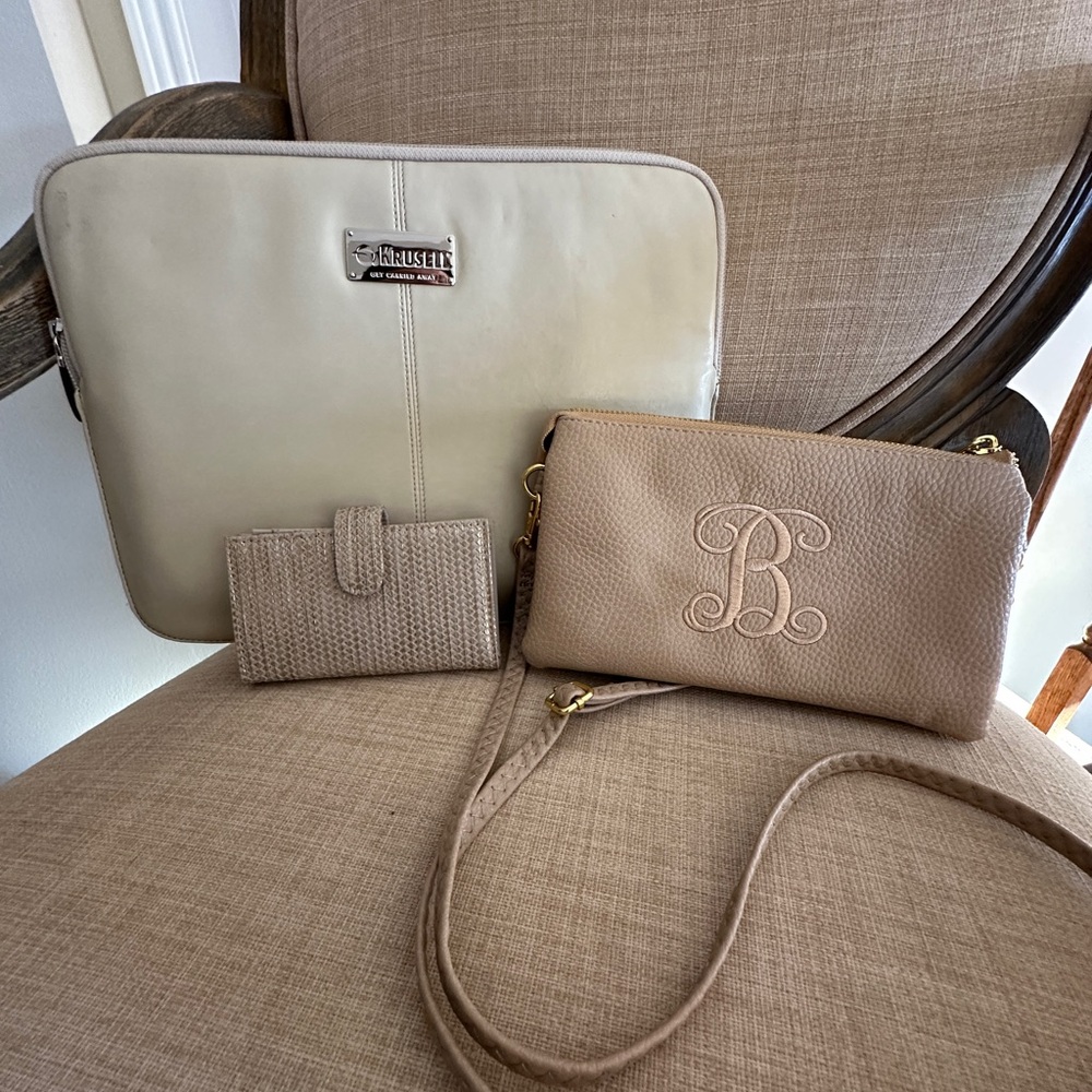 Krusell Beige Leather tablet bag , vegan leather Crossbody and Wallet Set